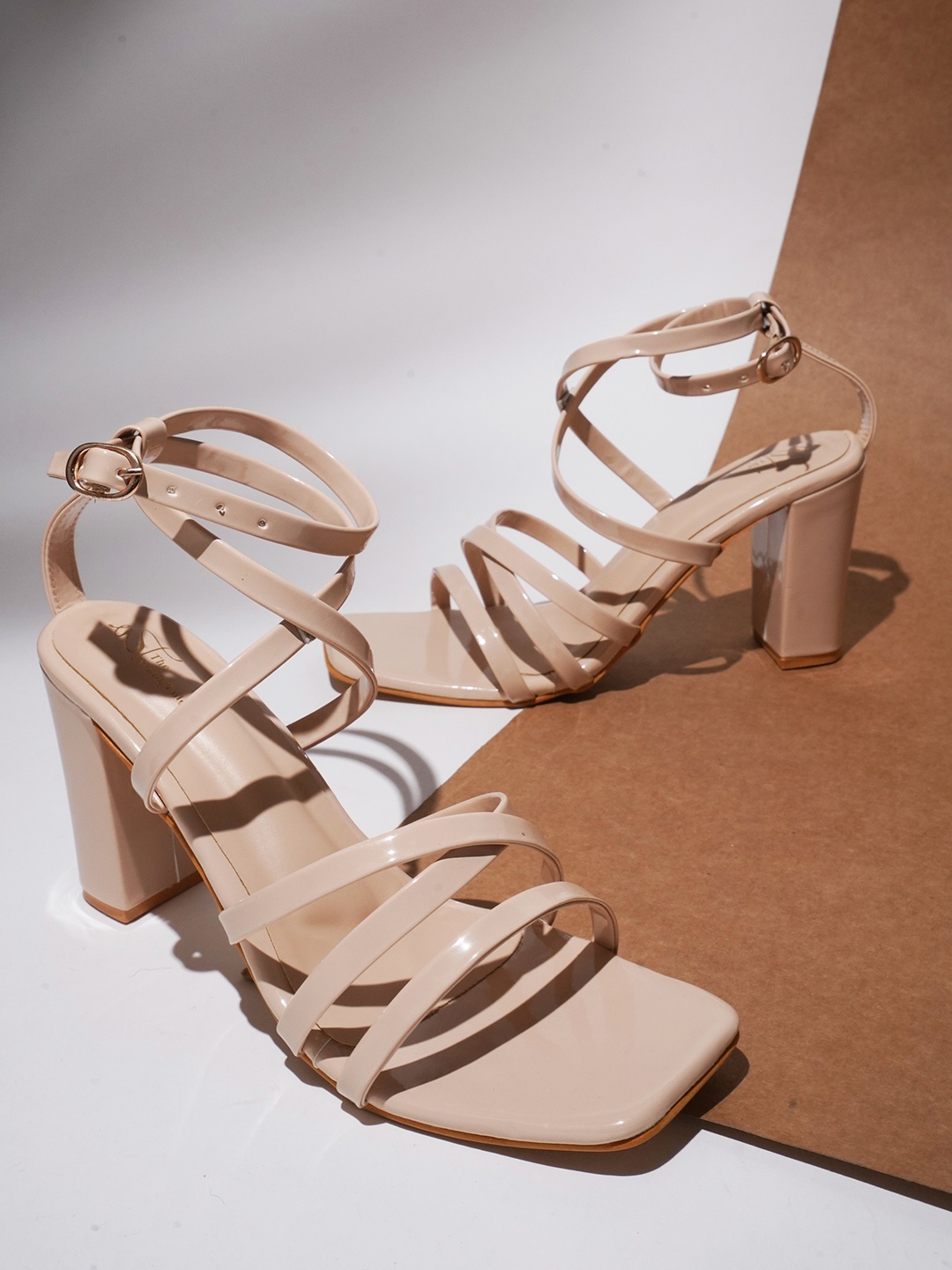 

THE WHITE POLE Strappy Party Block Heels with Buckles, Beige