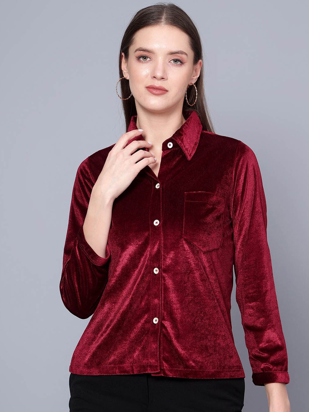 

Golden Kite Shirt Collar Velvet Shirt Style Top, Maroon