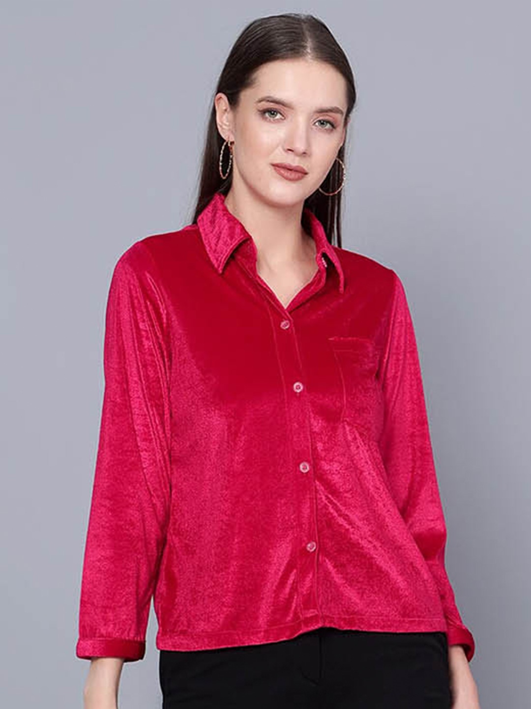 

Golden Kite Shirt Collar Velvet Shirt Style Top, Fuchsia