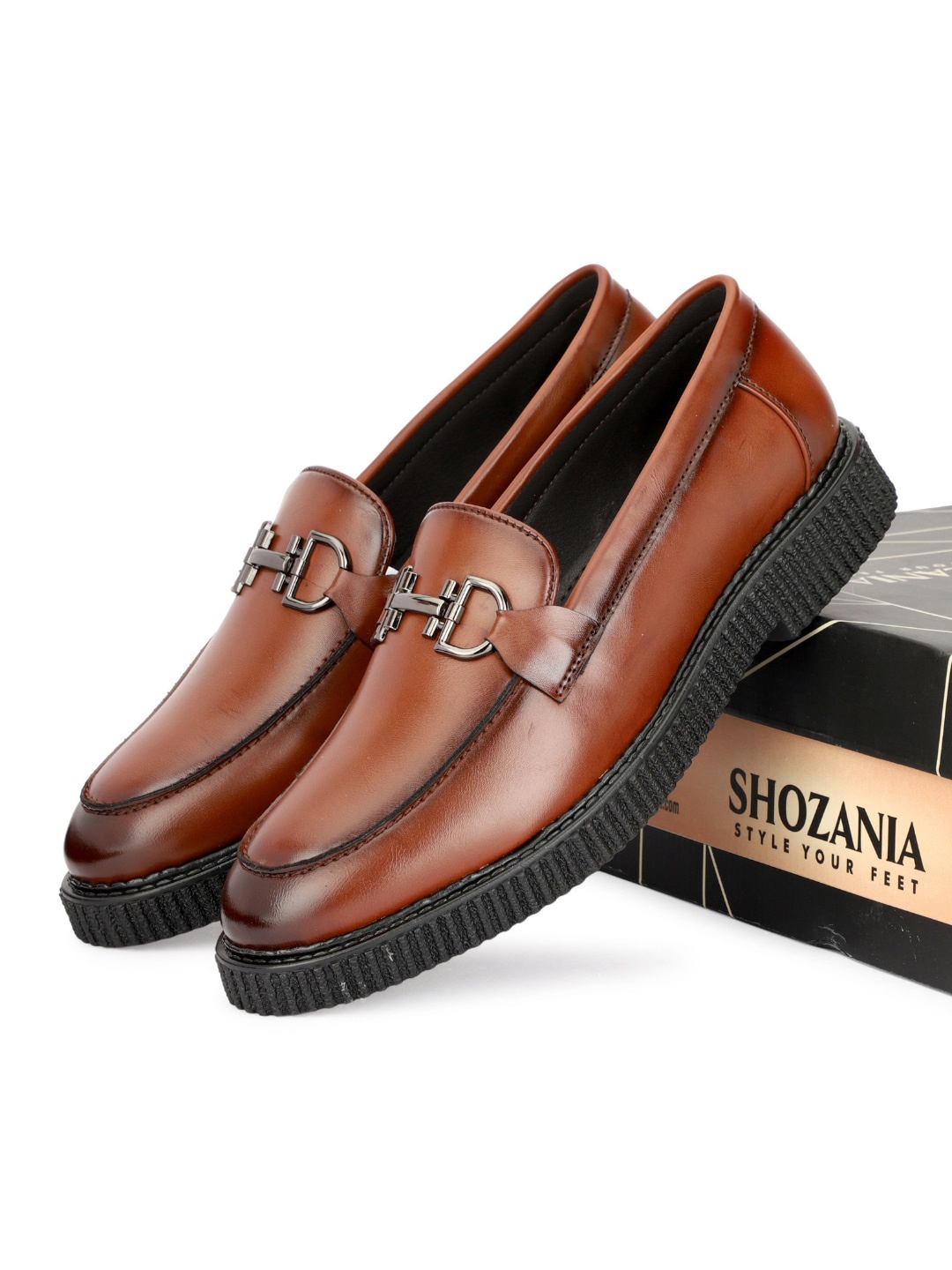 

SHOZANIA Men Leather Horsebit Loafers, Tan