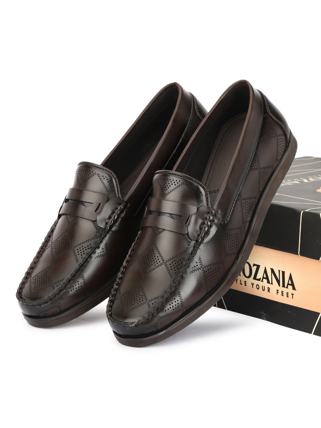 

SHOZANIA Men Textured Leather Penny Loafers, Brown