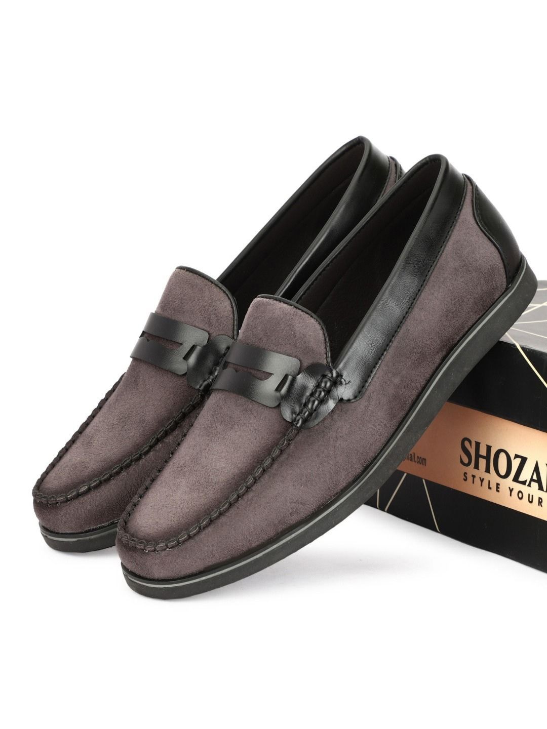 

SHOZANIA Men Leather Square Toe Comfort Insole Loafers, Grey