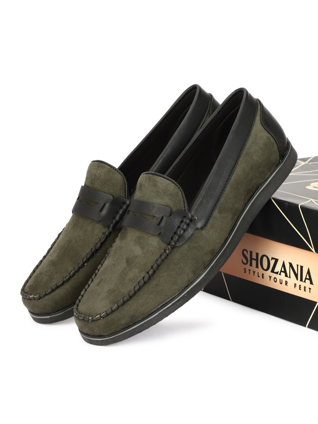 

SHOZANIA Men Leather Square Toe Comfort Insole Loafers, Olive