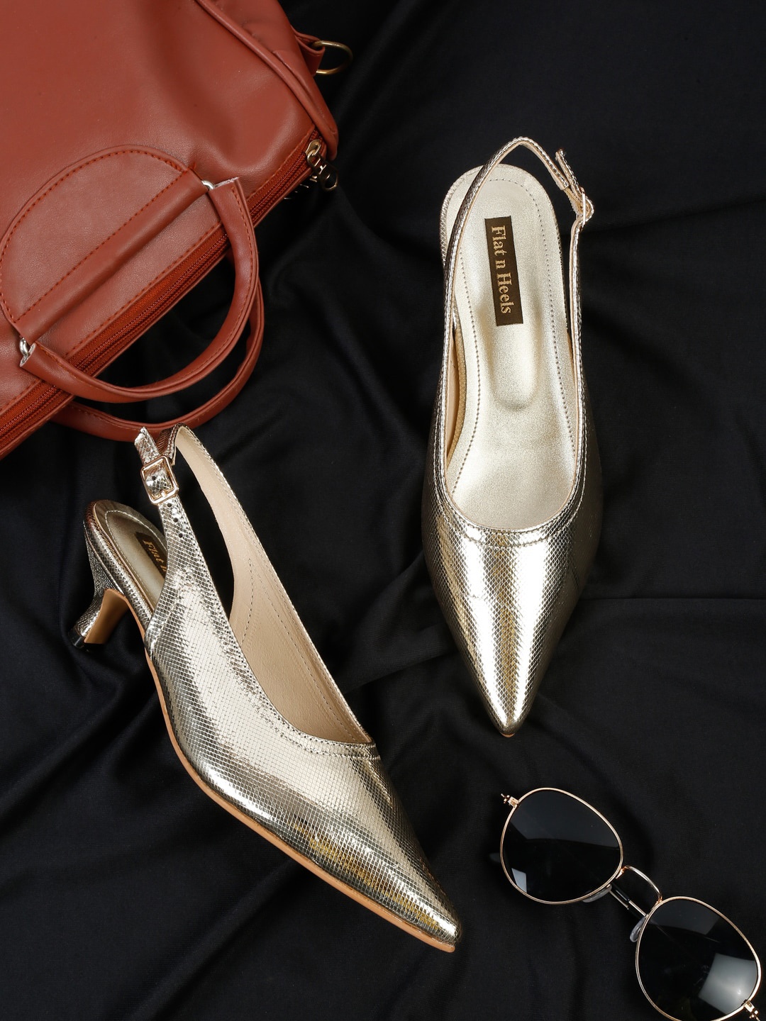 

Flat n Heels Textured Kitten Heel Pumps, Gold