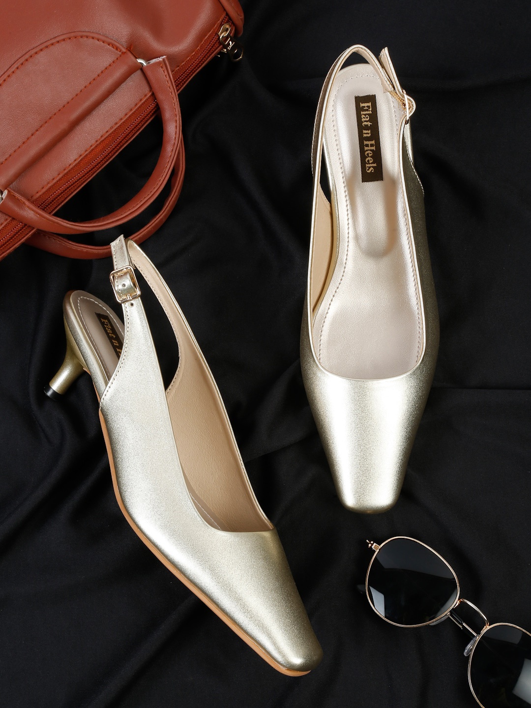 

Flat n Heels Square Toe Kitten Pumps With Backstrap, Gold
