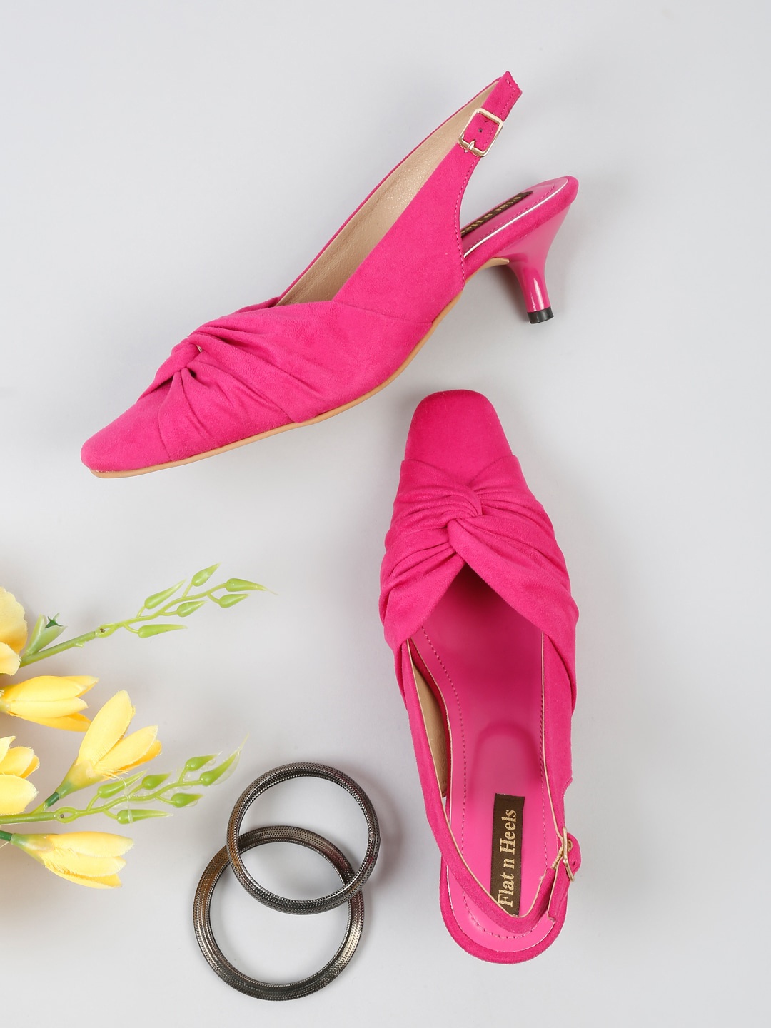

Flat n Heels Suede Square Toe Kitten Pumps With Backstrap, Fuchsia