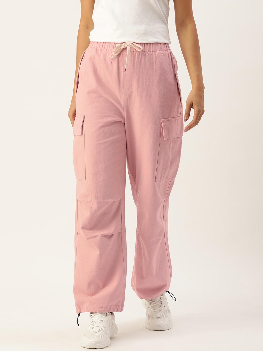 

SHECZZAR Women Relaxed Straight Leg Loose Fit High-Rise Cargos Trousers, Pink