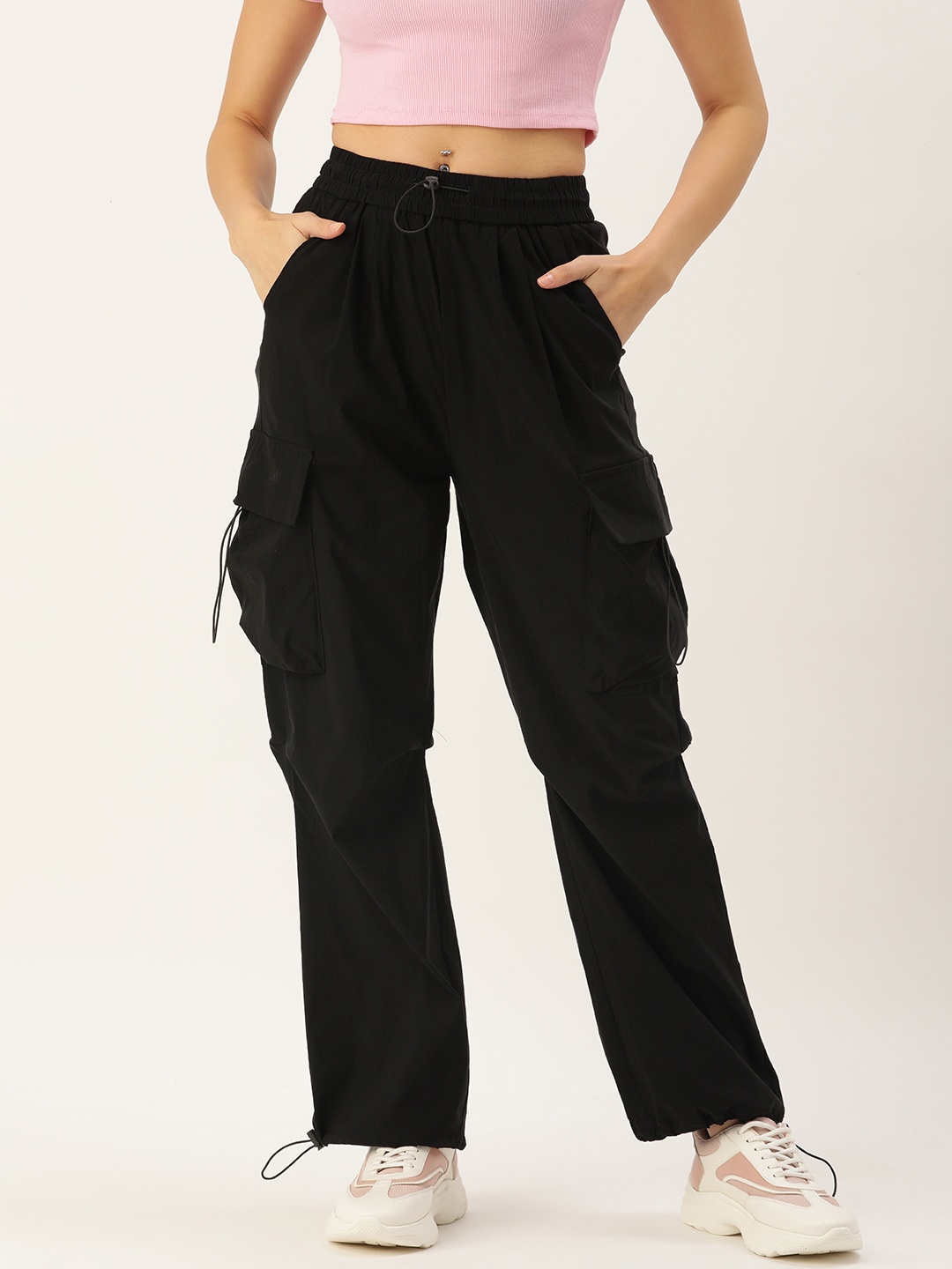 

SHECZZAR Women Relaxed Straight Leg Loose Fit High-Rise Cargos Trousers, Black