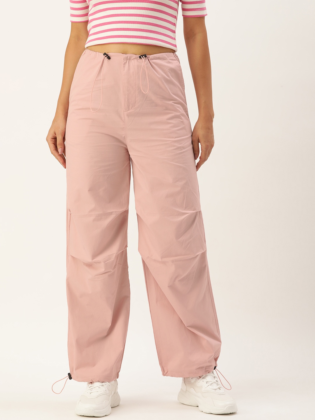 

SHECZZAR Women Relaxed Straight Leg Loose Fit High-Rise Cargos Trousers, Pink