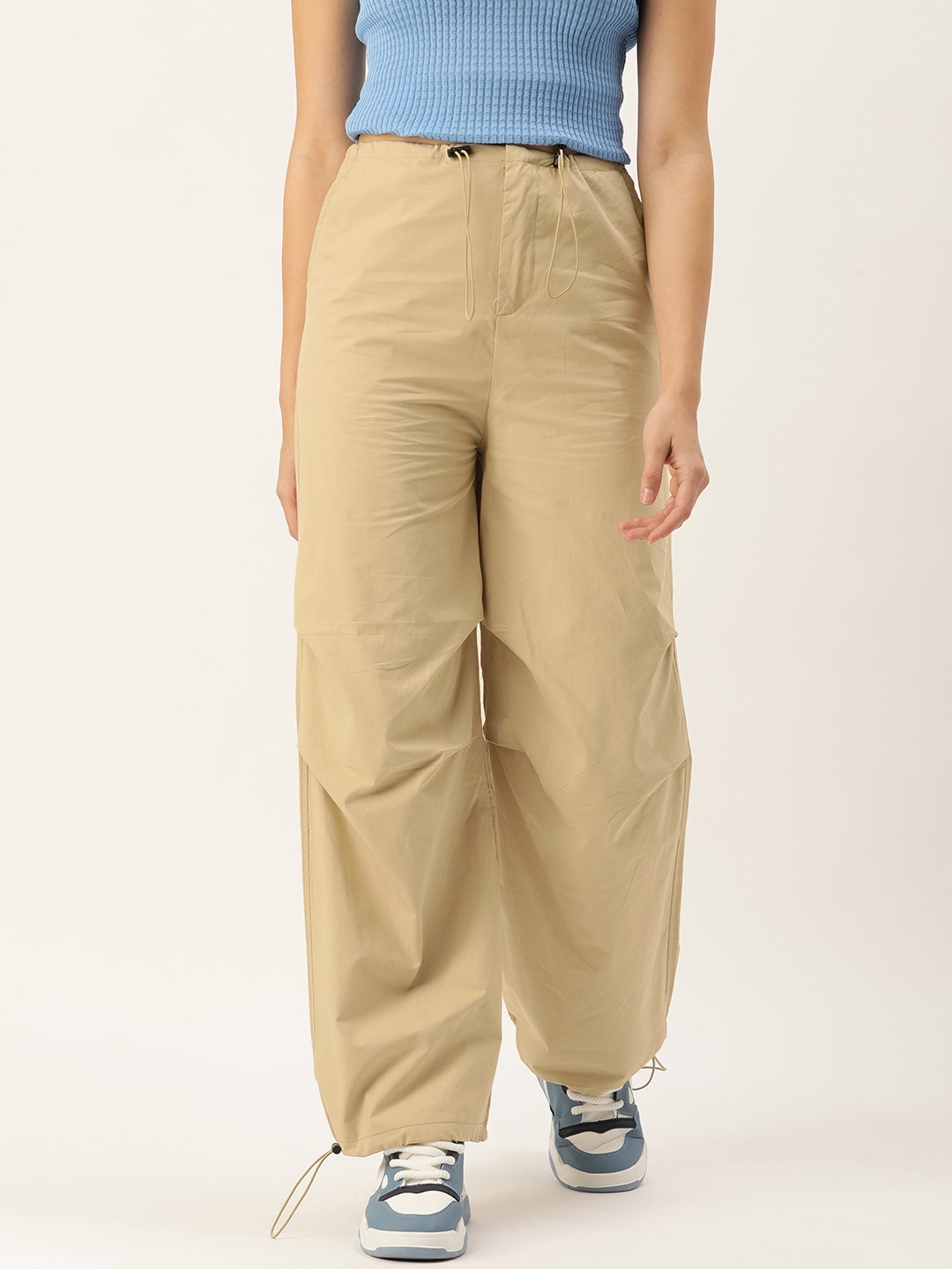 

SHECZZAR Women Relaxed Straight Leg Loose Fit High-Rise Cargos Trousers, Beige