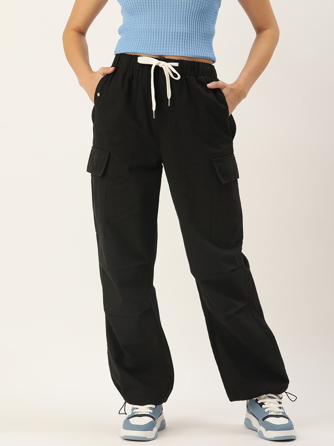 

SHECZZAR Women Relaxed Straight Leg Loose Fit High-Rise Cargos Trousers, Black