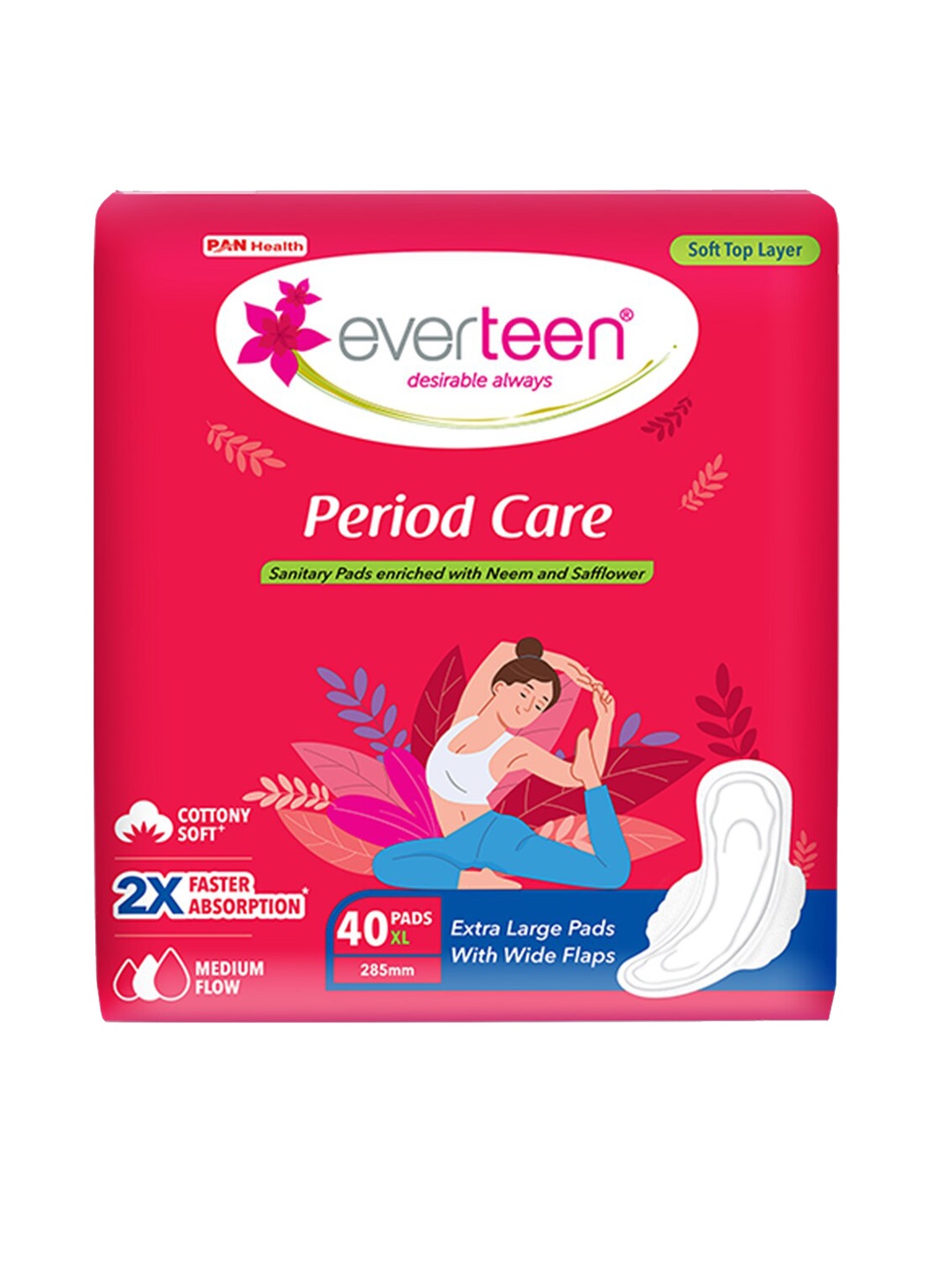 

everteen Period Care Sanitary Pads With Neem & Safflower For Medium Flow - 40 Pads XL, White