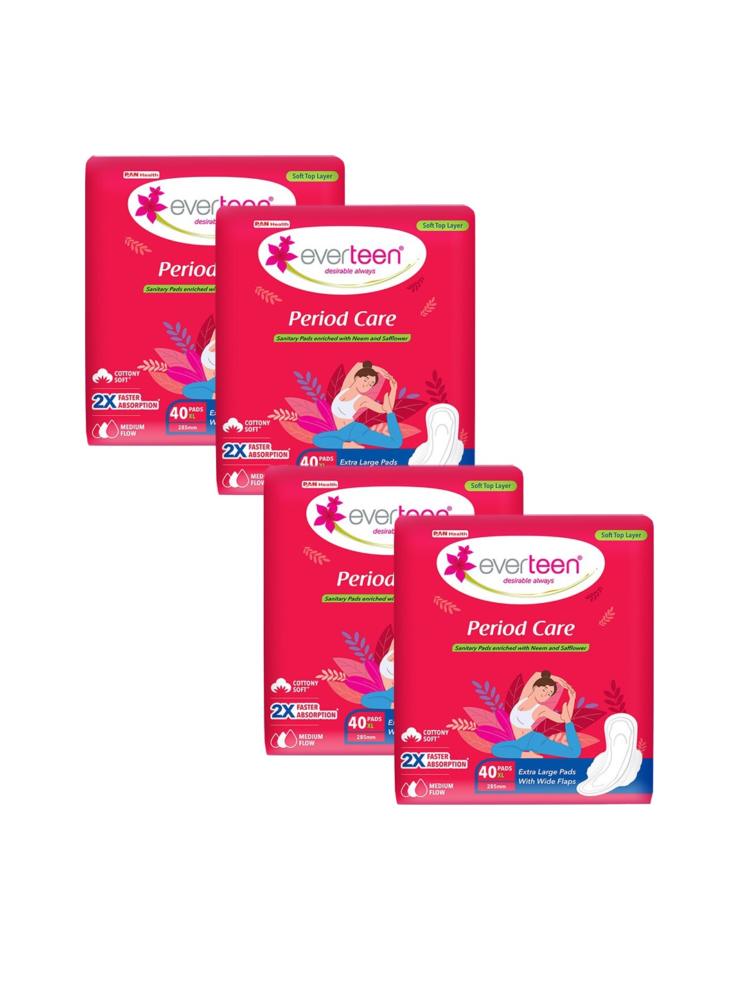 

everteen Set Of 4 Period Care Sanitary Pads For Medium Flow - 40 Pads Each XL, Red