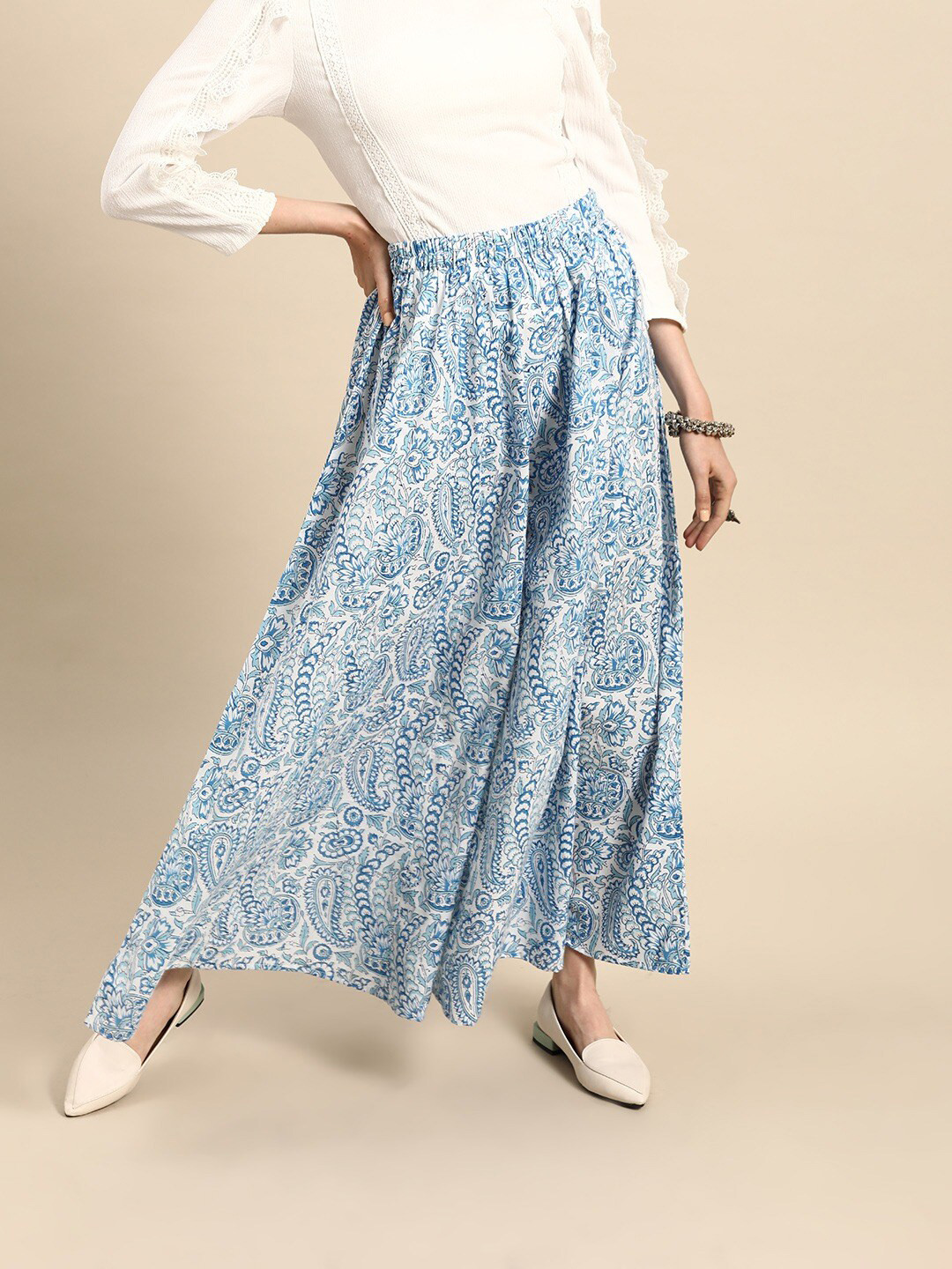 

RANGMAYEE Women Paisley Printed Cotton Flared Palazzos, Blue