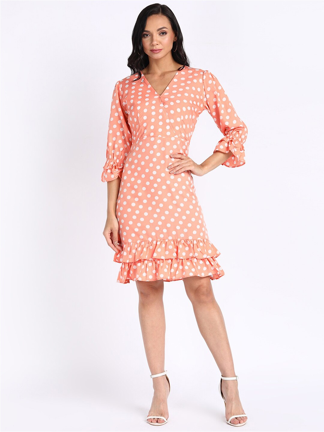 

VAHSON Polka Dots Printed V-Neck Bell Sleeve Ruffled A-Line Dress, Orange