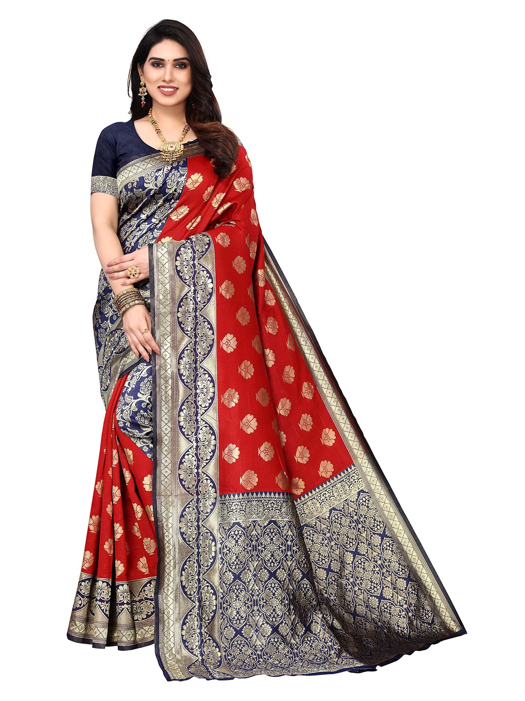 

KALINI Woven Design Zari Kanjeevaram Jacquard Saree, Red