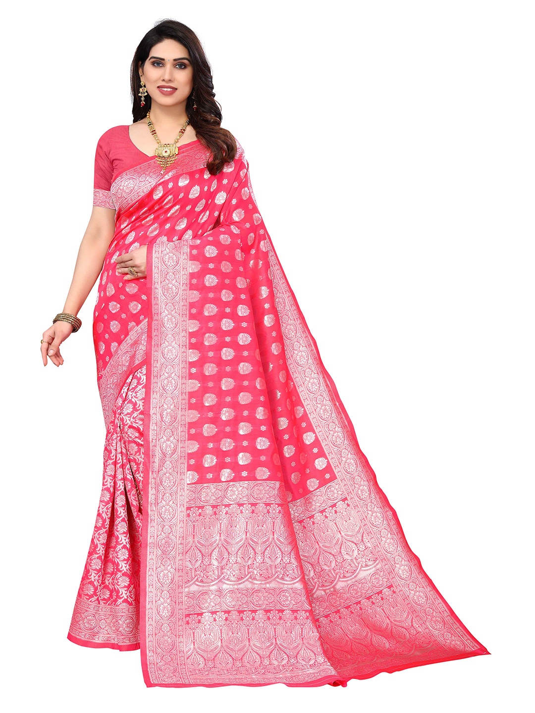 

KALINI Ethnic Motifs Woven Design Zari Silk Blend Kanjeevaram Saree, Pink