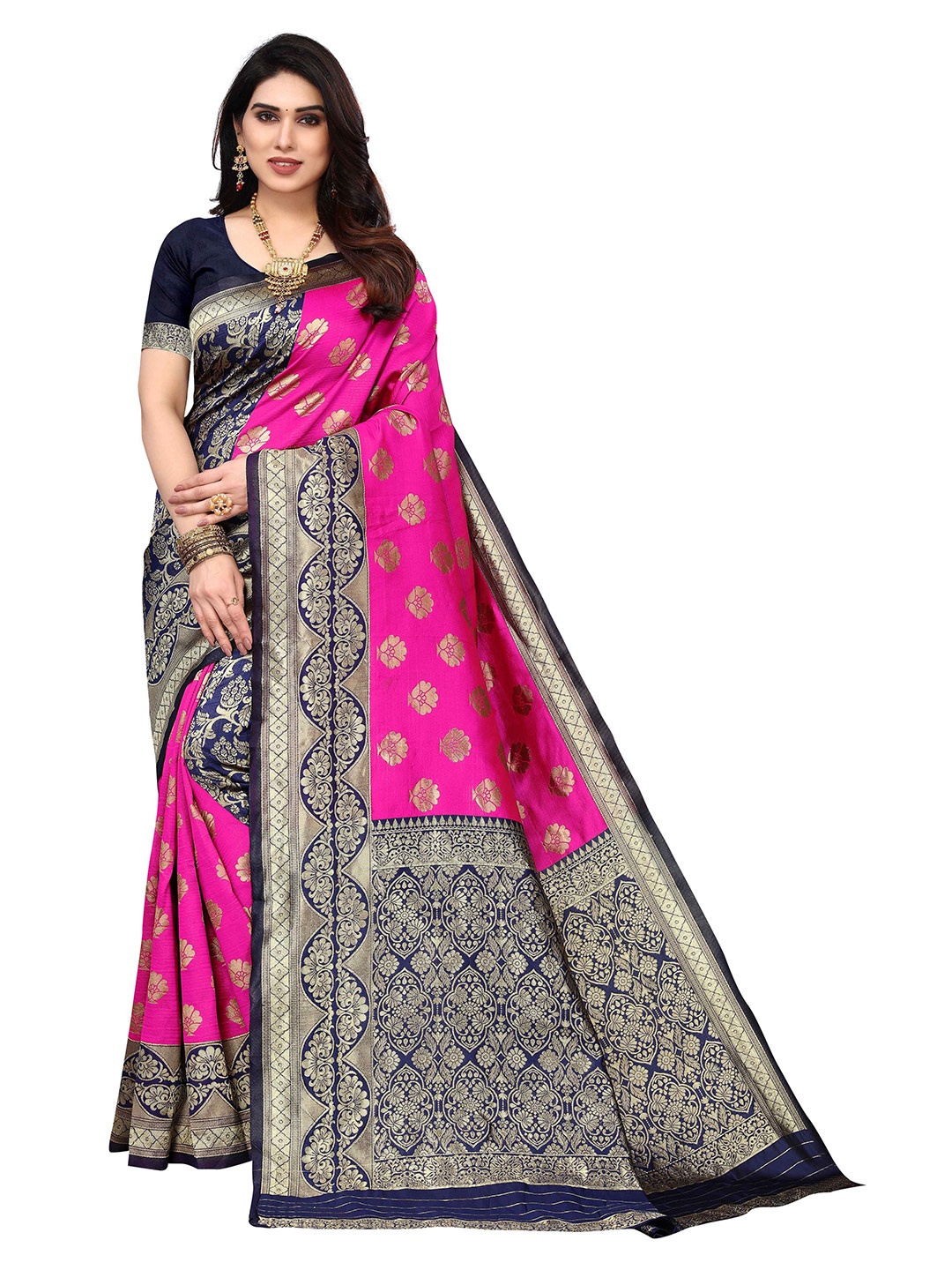 

KALINI Floral Woven Design Zari Kanjeevaram Saree, Pink