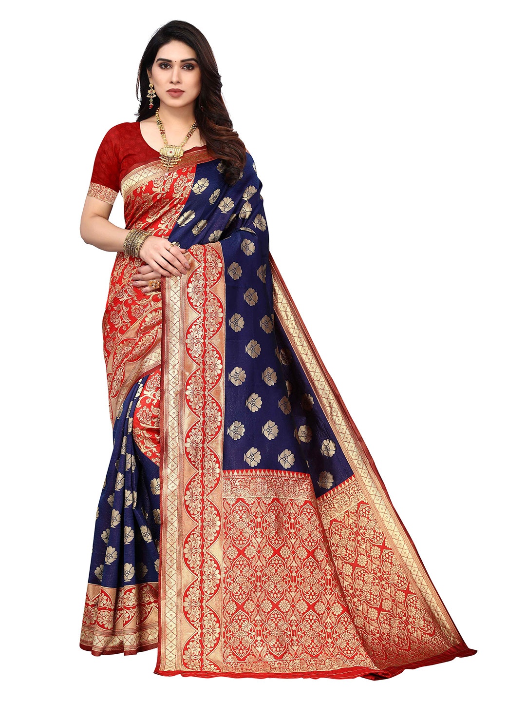

KALINI Floral Woven Design Zari Kanjeevaram Saree, Navy blue