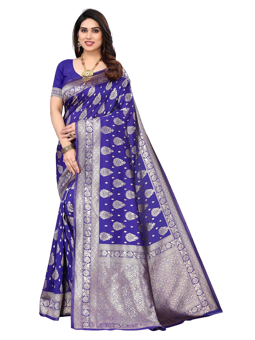 

KALINI Ethnic Motifs Woven Design Zari Silk Blend Kanjeevaram Saree, Purple