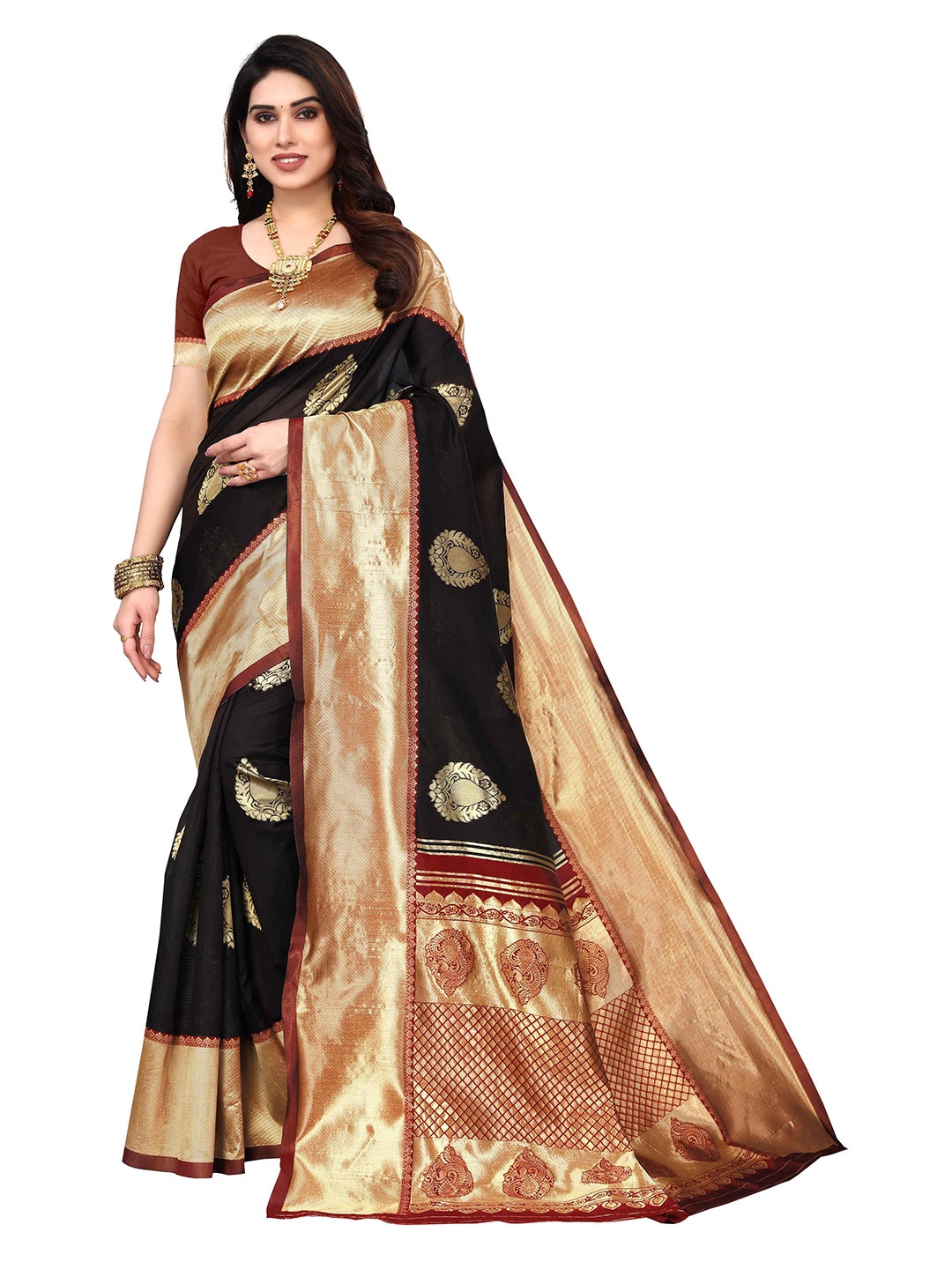 

KALINI Woven Design Zari Silk Blend Kanjeevaram Saree, Brown