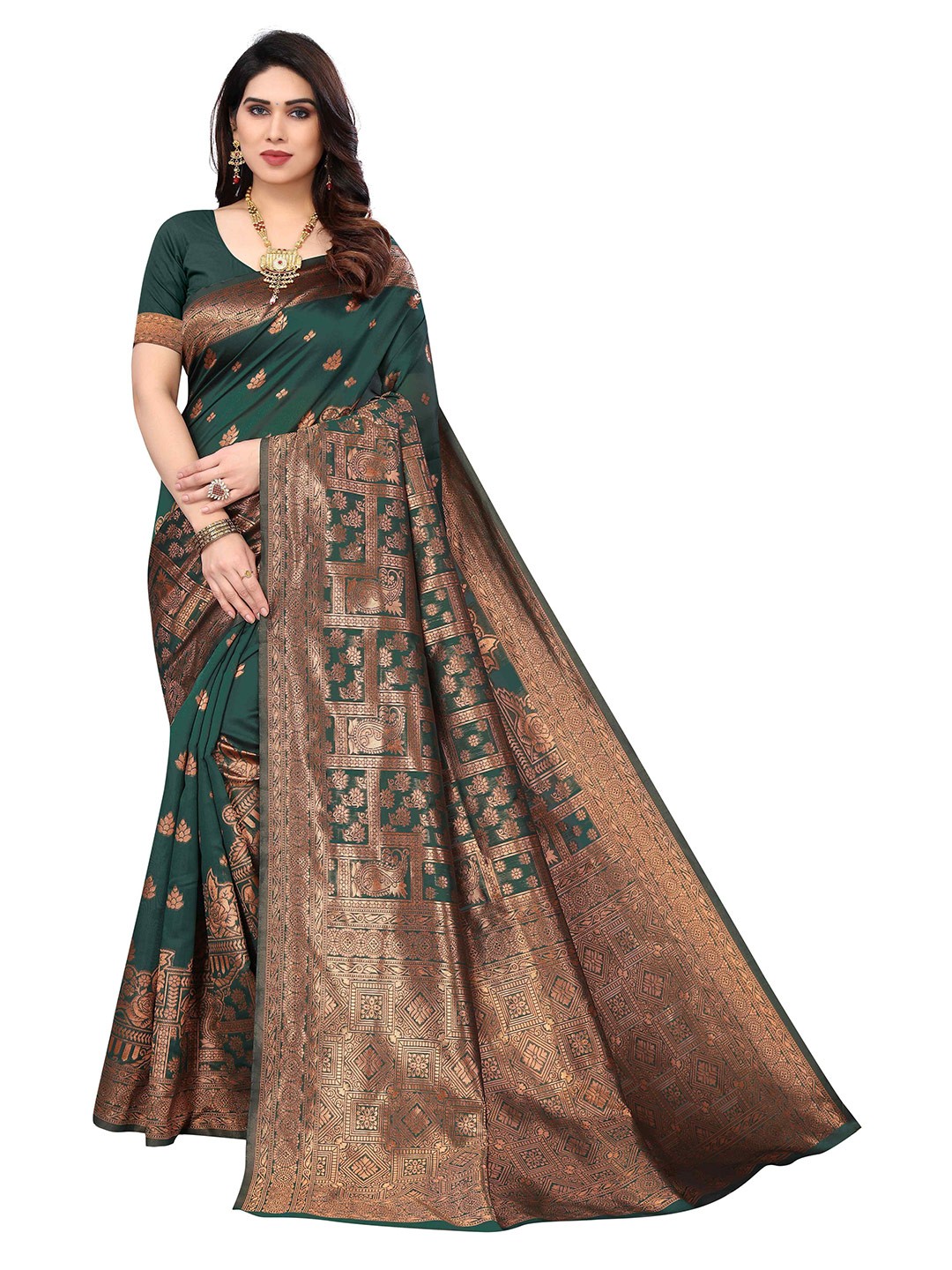 

KALINI Ethnic Motifs Woven Design Zari Silk Blend Kanjeevaram Saree, Green