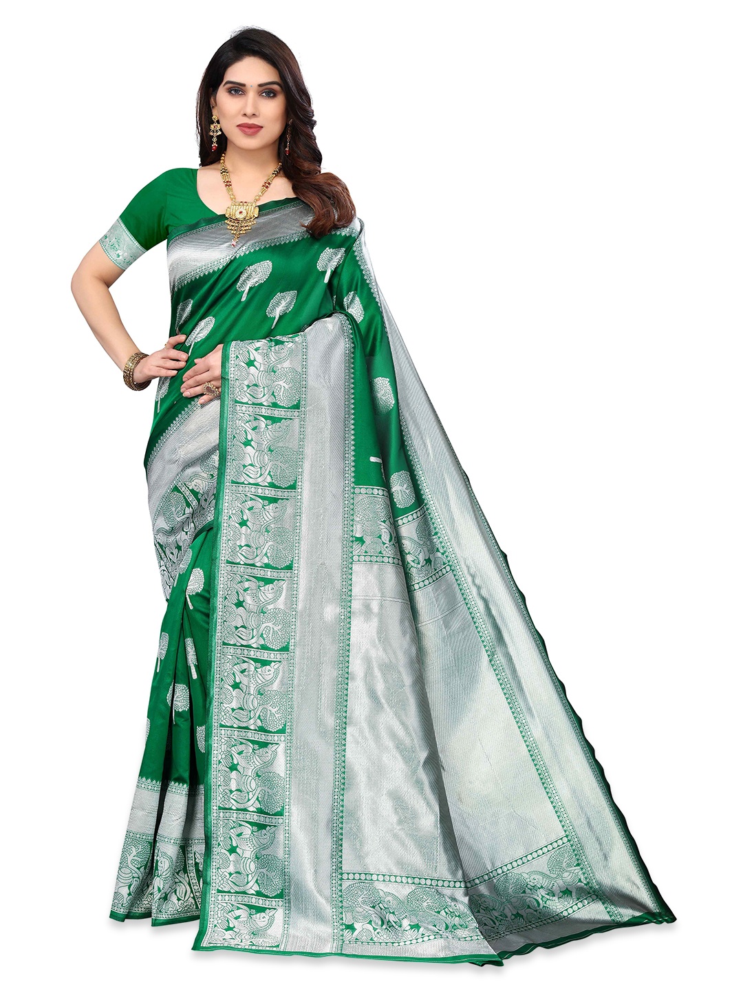 

KALINI Ethnic Motifs Woven Design Zari Silk Blend Kanjeevaram Saree, Green
