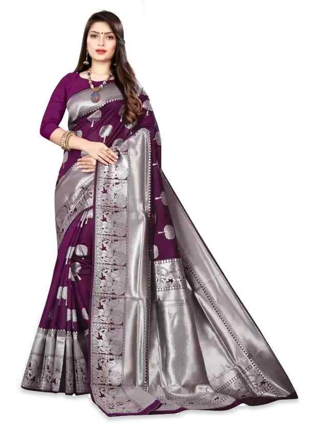 

KALINI Ethnic Motifs Woven Design Zari Silk Blend Kanjeevaram Saree, Purple