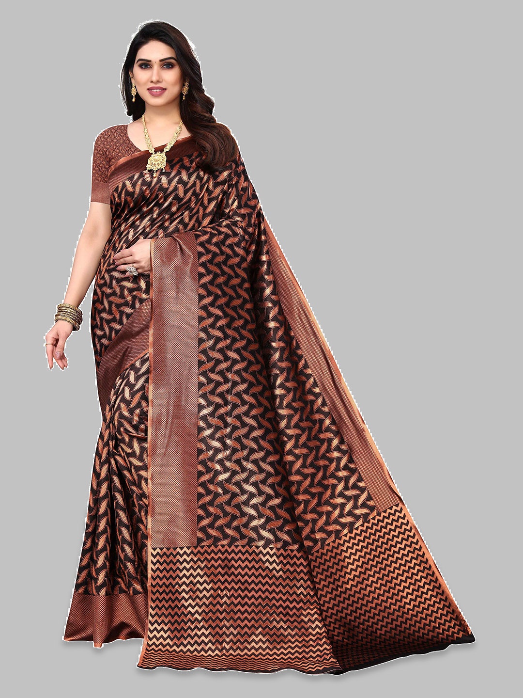 

KALINI Floral Woven Design Zari Kanjeevaram Saree, Brown