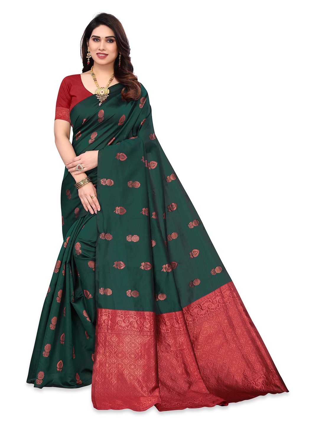 

KALINI Ethnic Motifs Woven Design Zari Silk Blend Kanjeevaram Saree, Green