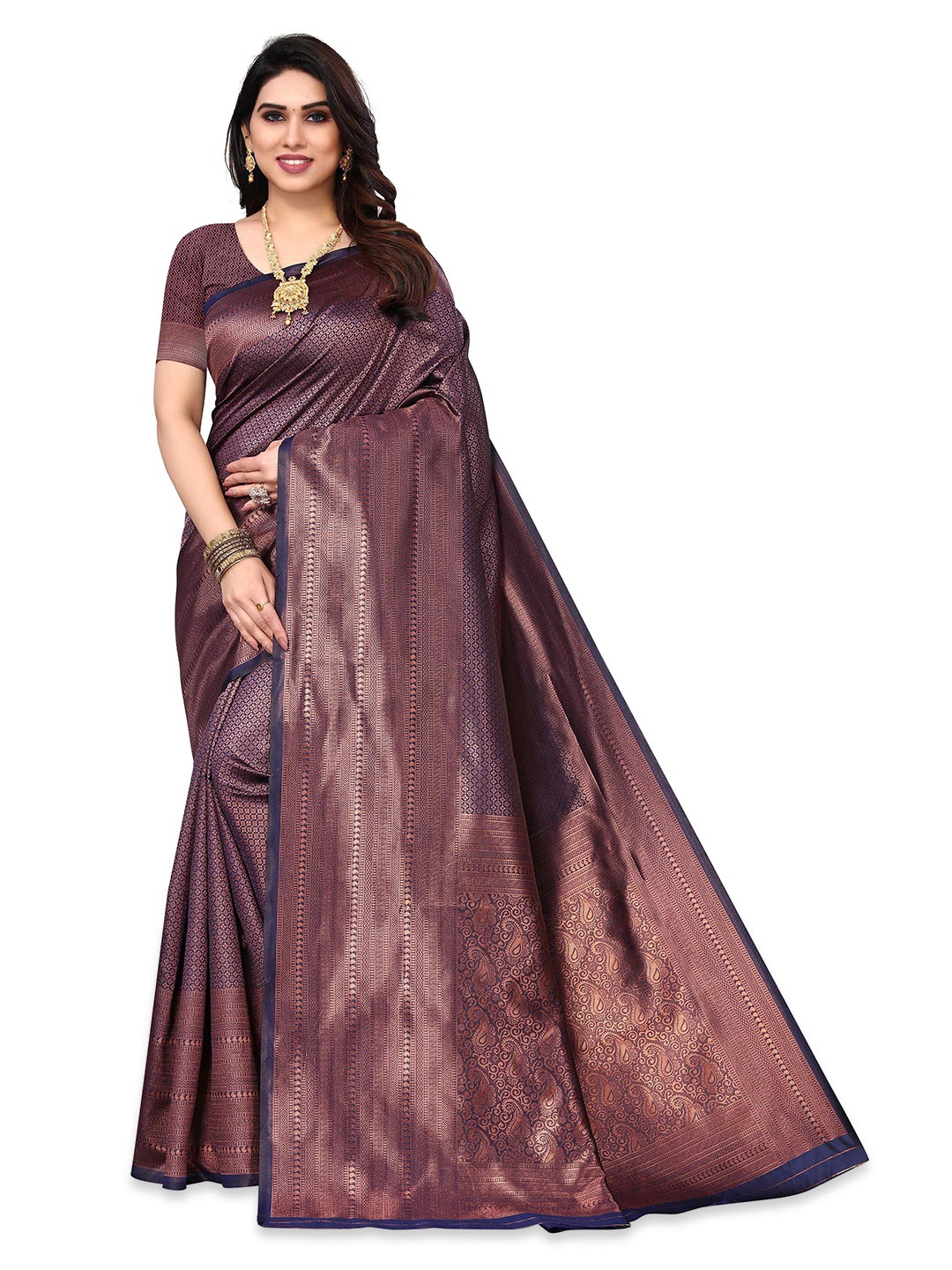

KALINI Woven Design Zari Silk Blend Kanjeevaram Saree, Brown