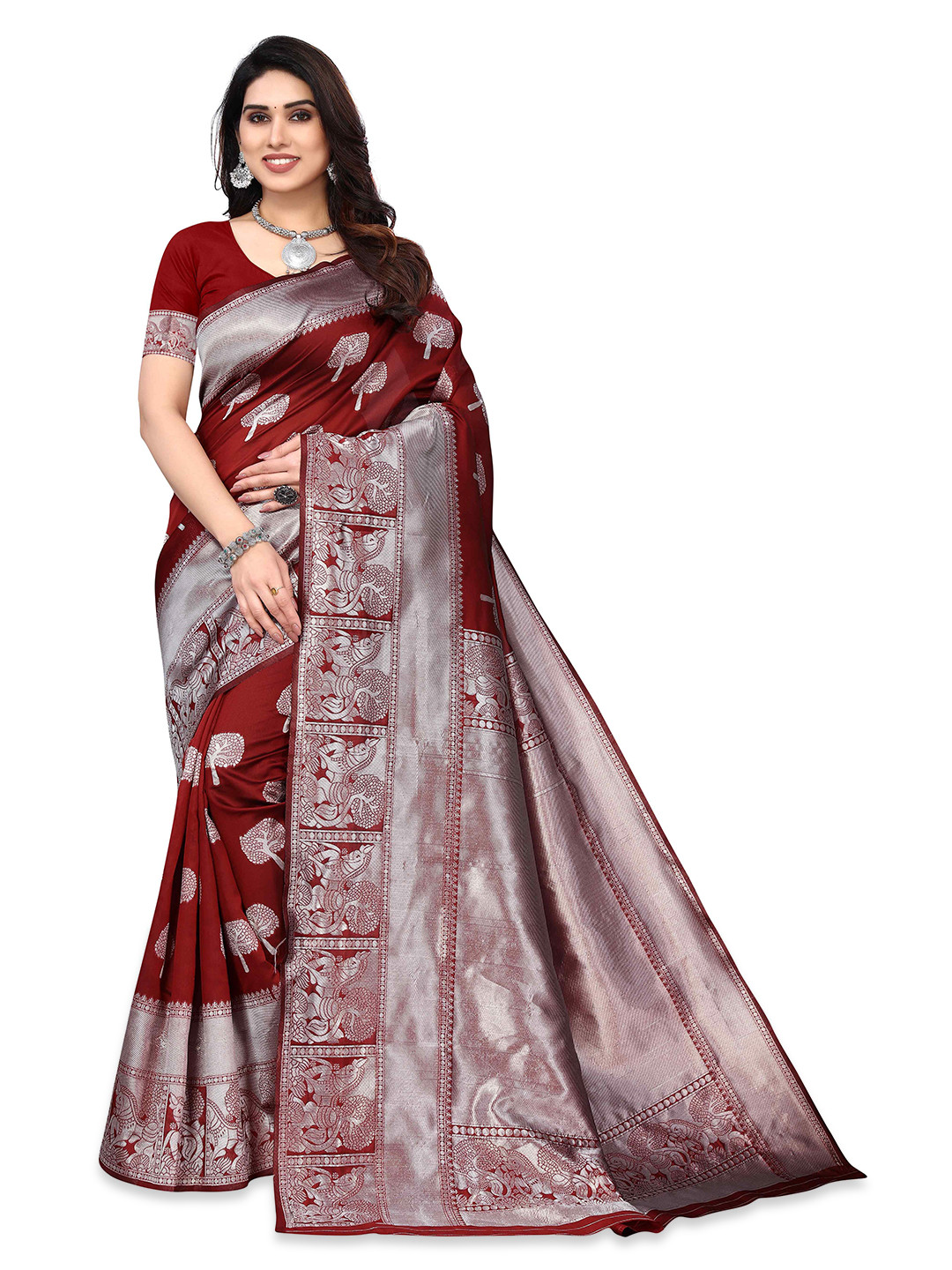 

KALINI Ethnic Motifs Woven Design Zari Silk Blend Kanjeevaram Saree, Red
