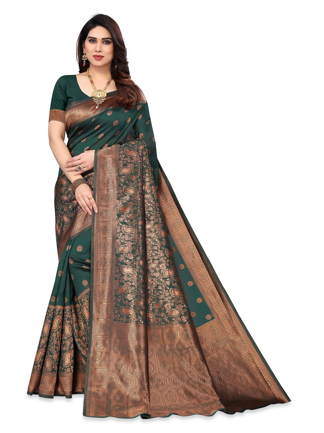 

KALINI Woven Design Zari Silk Blend Kanjeevaram Saree, Green