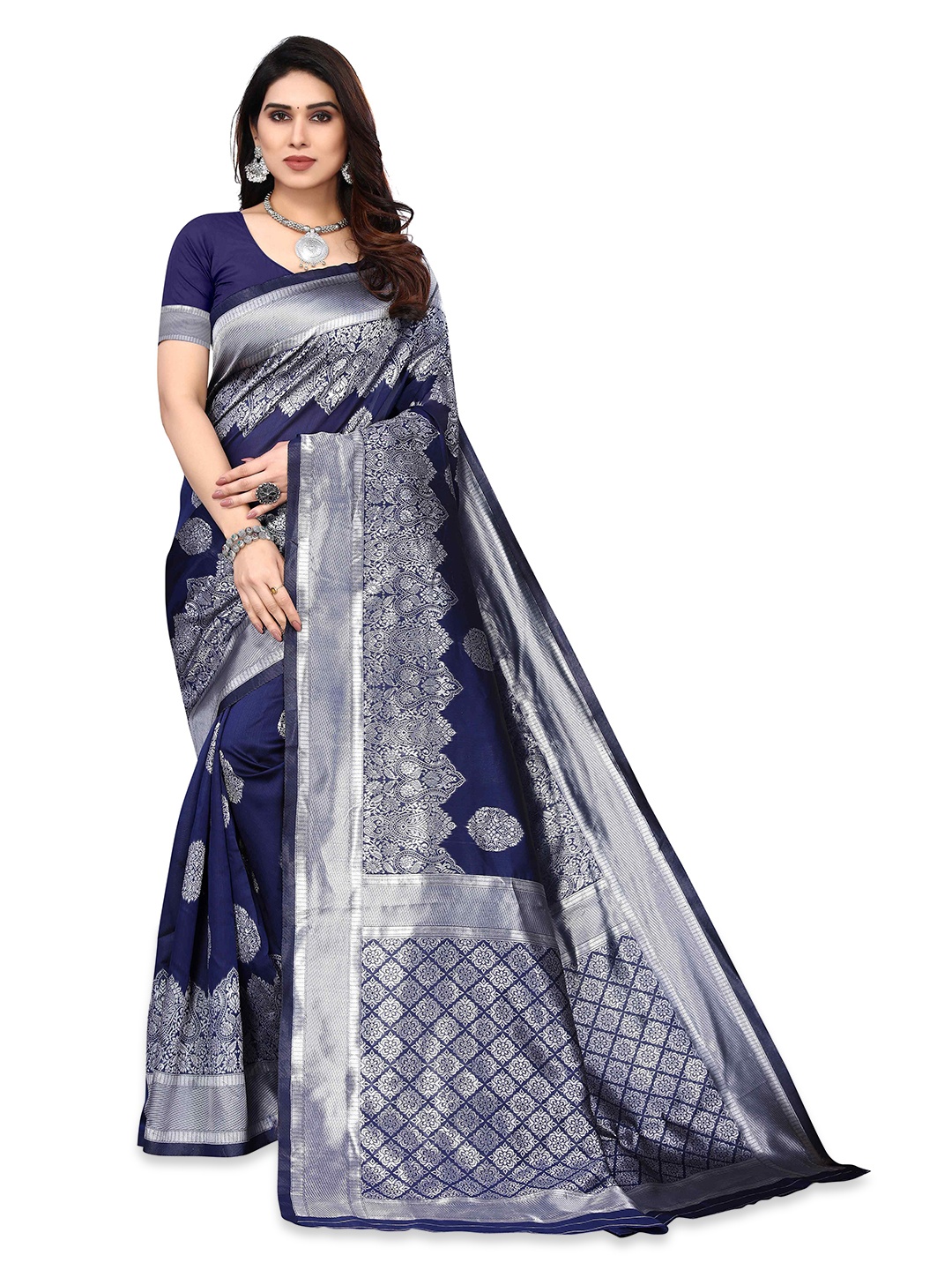 

KALINI Ethnic Motifs Woven Design Zari Kanjeevaram Saree, Blue