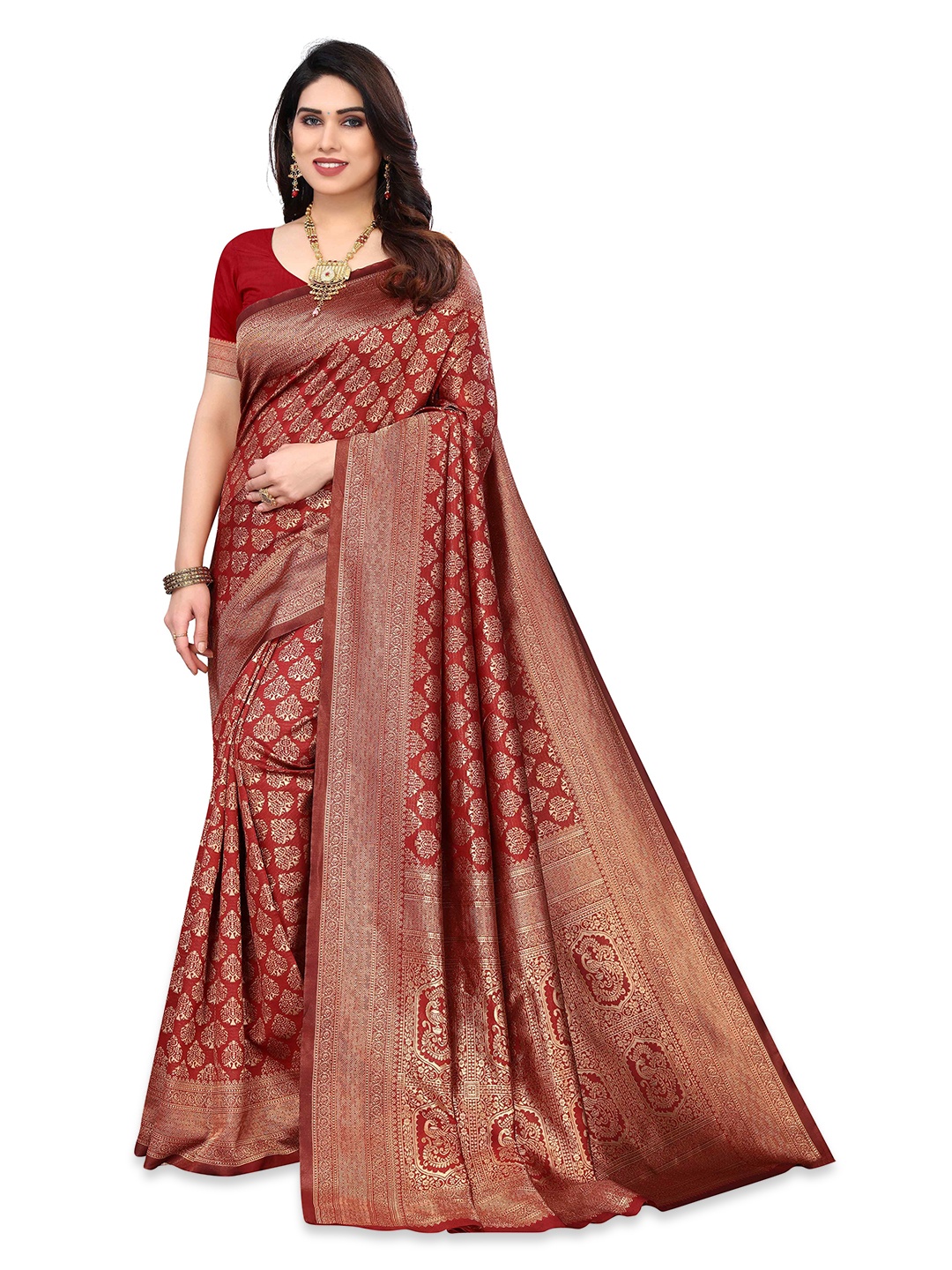

KALINI Ethnic Motifs Woven Design Zari Silk Blend Kanjeevaram Saree, Red