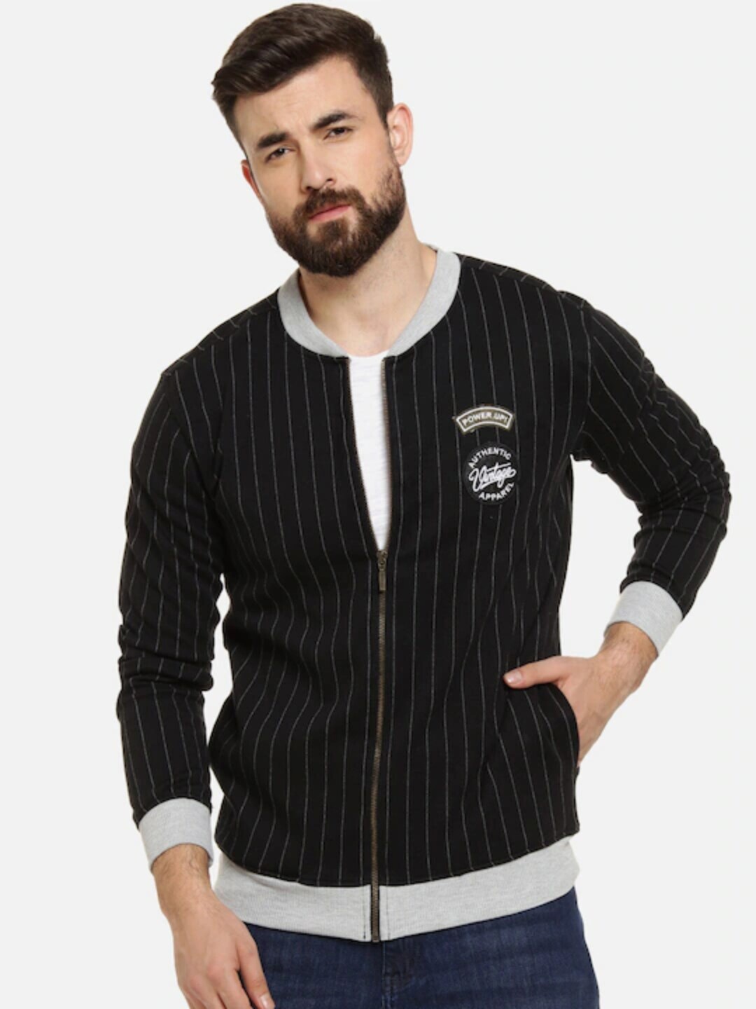 

Campus Sutra Striped Windcheater Bomber Jacket, Navy blue