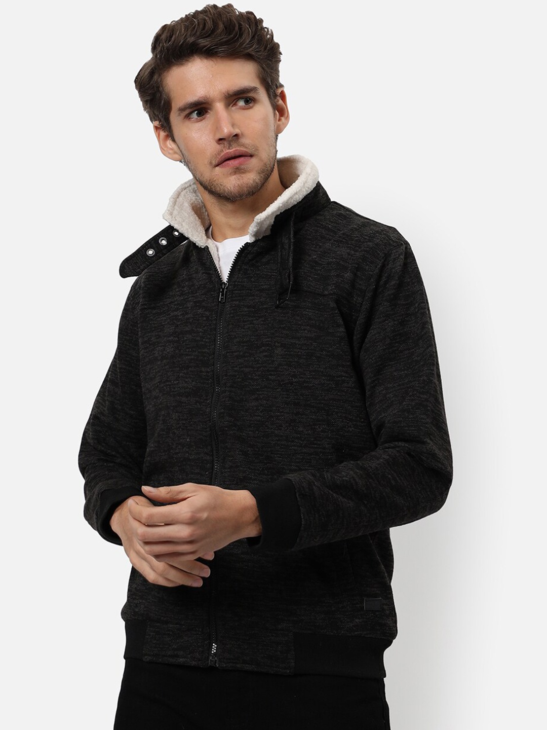 

Campus Sutra Faux Fur Trim Windcheater Cotton Tailored Jacket, Charcoal