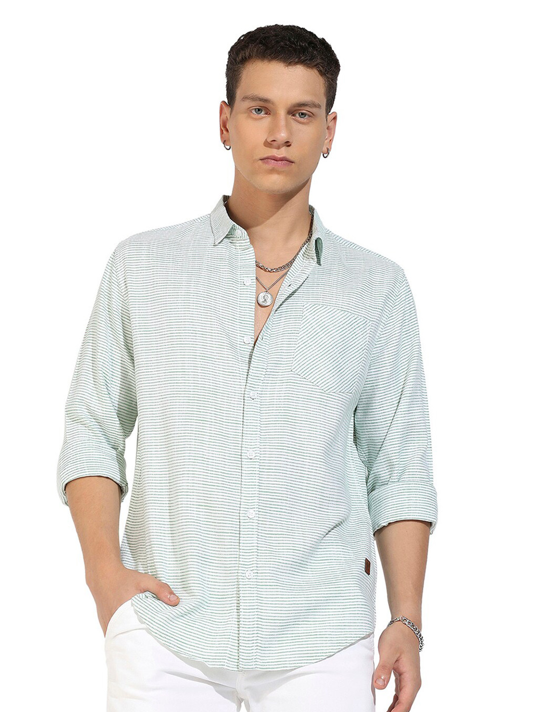 

Campus Sutra White & Green Classic Striped Cotton Casual Shirt