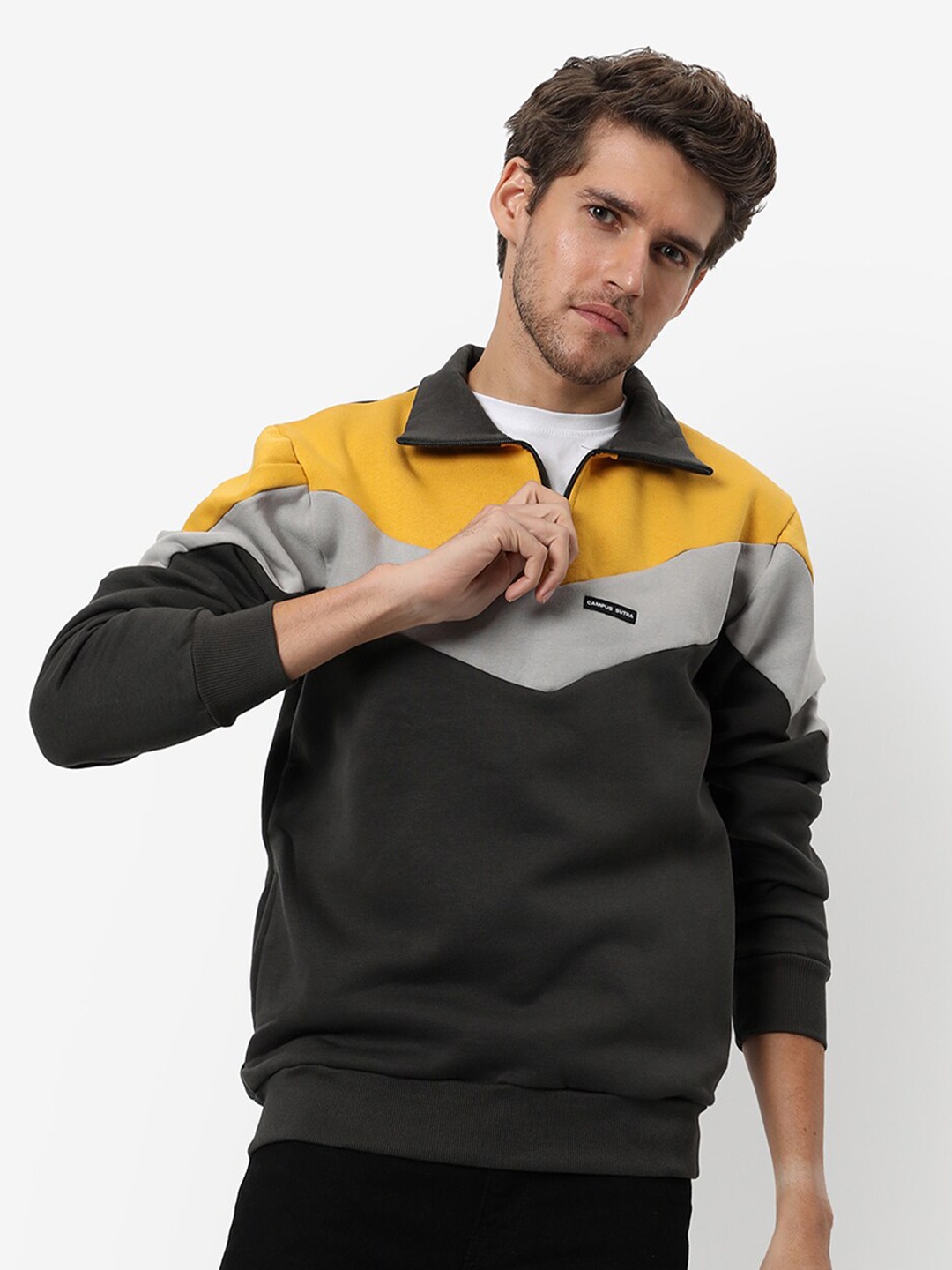 

Campus Sutra Men Grey & Yellow Colourblocked Cotton Pullover Sweatshirt
