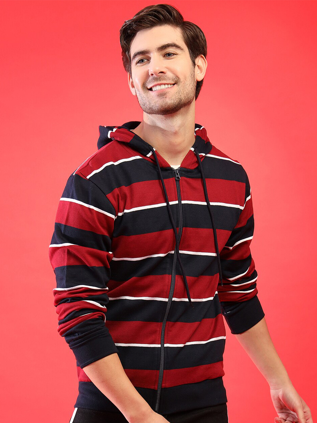 

Campus Sutra Striped Hooded Sweatshirt, Red