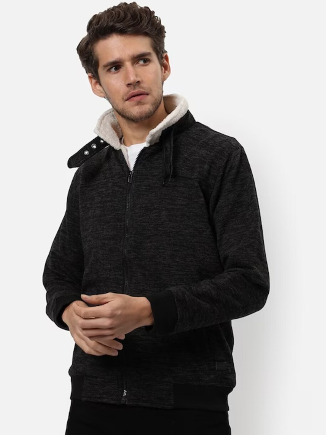 Campus Sutra Faux Fur Trim Windcheater Cotton Tailored Jacket, Charcoal