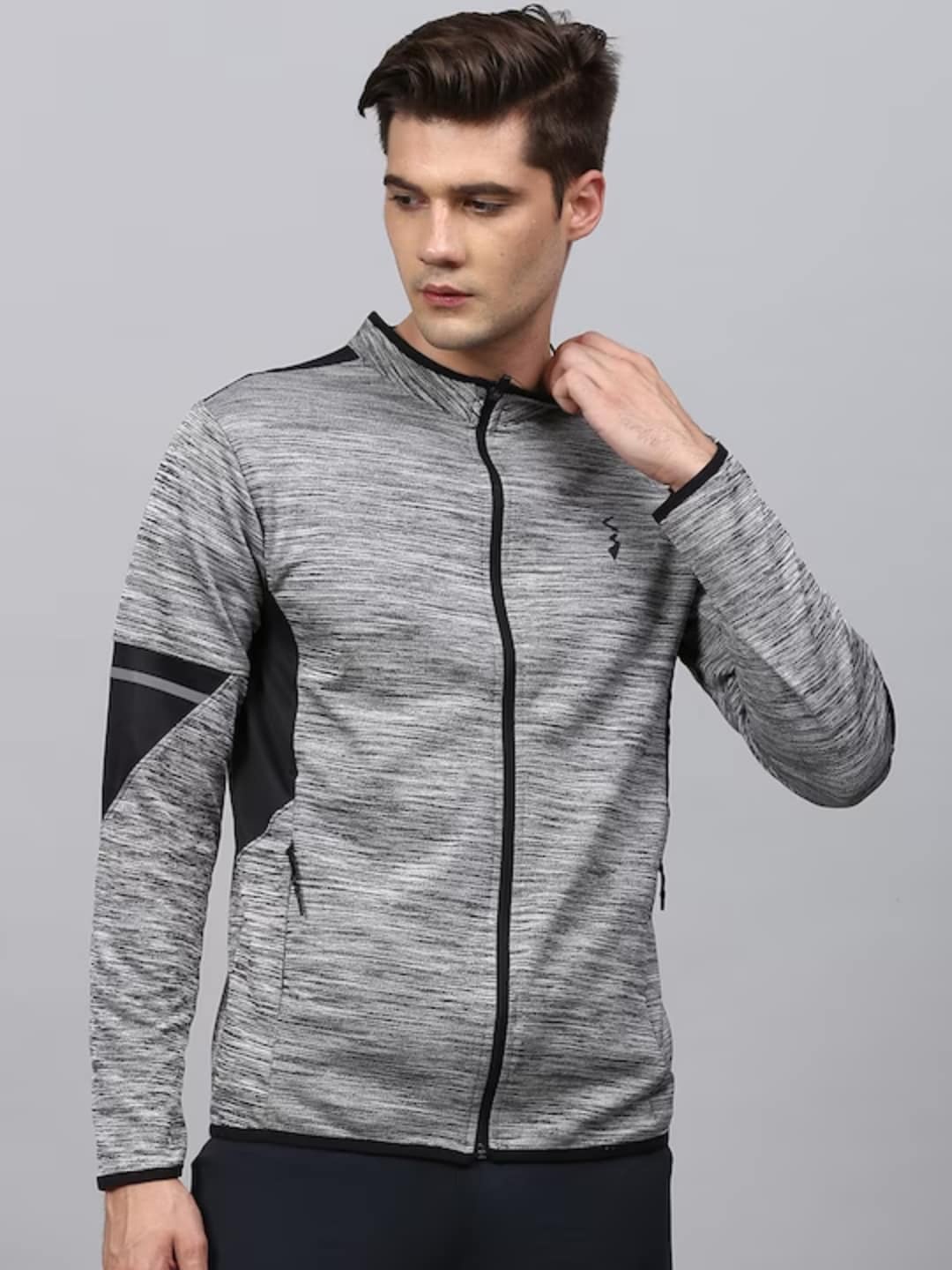 Campus Sutra Stand Collar Windcheater Open Front Jacket, Grey
