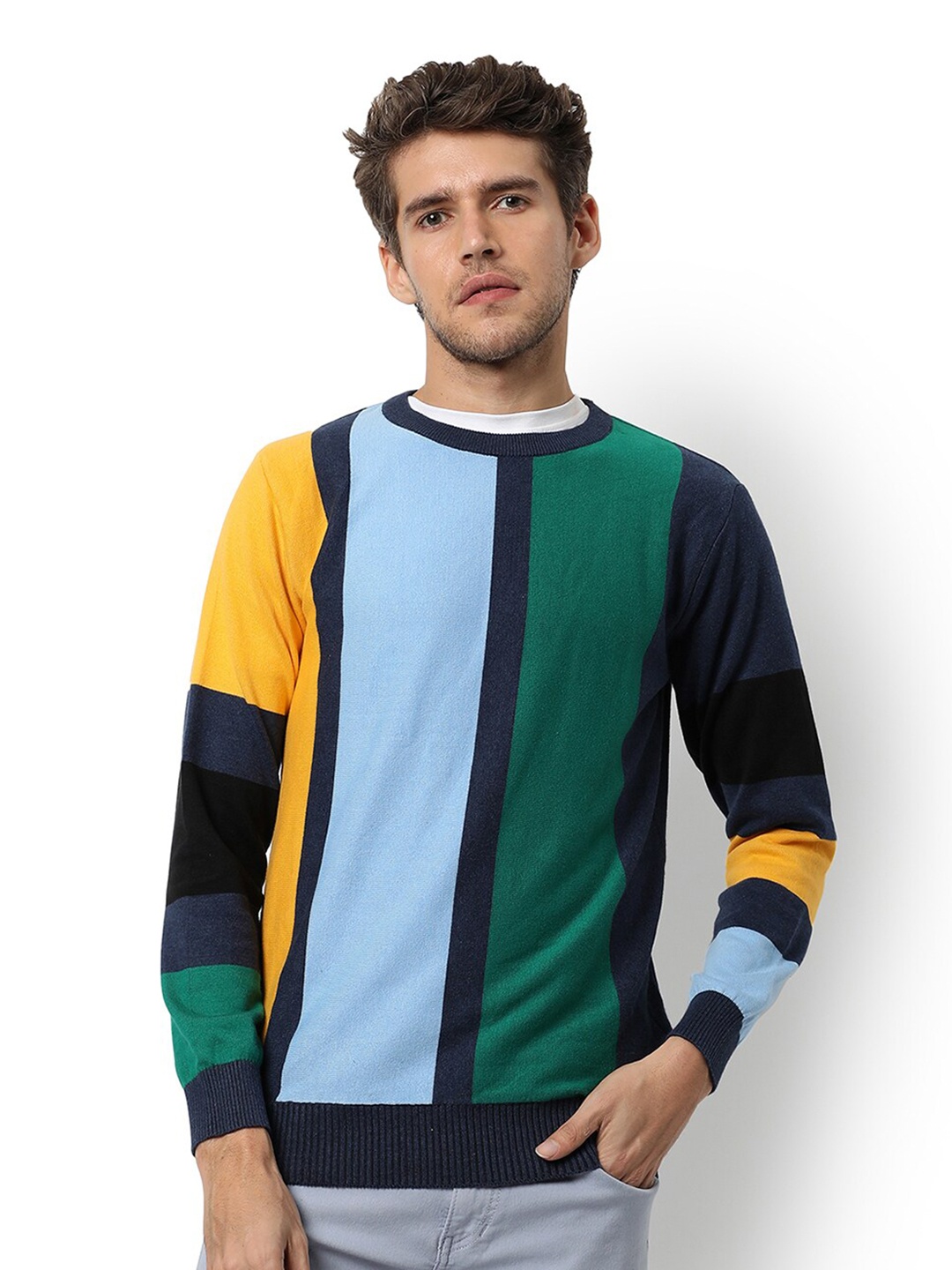 

Campus Sutra Green & Blue Colourblocked Knitted Pullover Sweaters