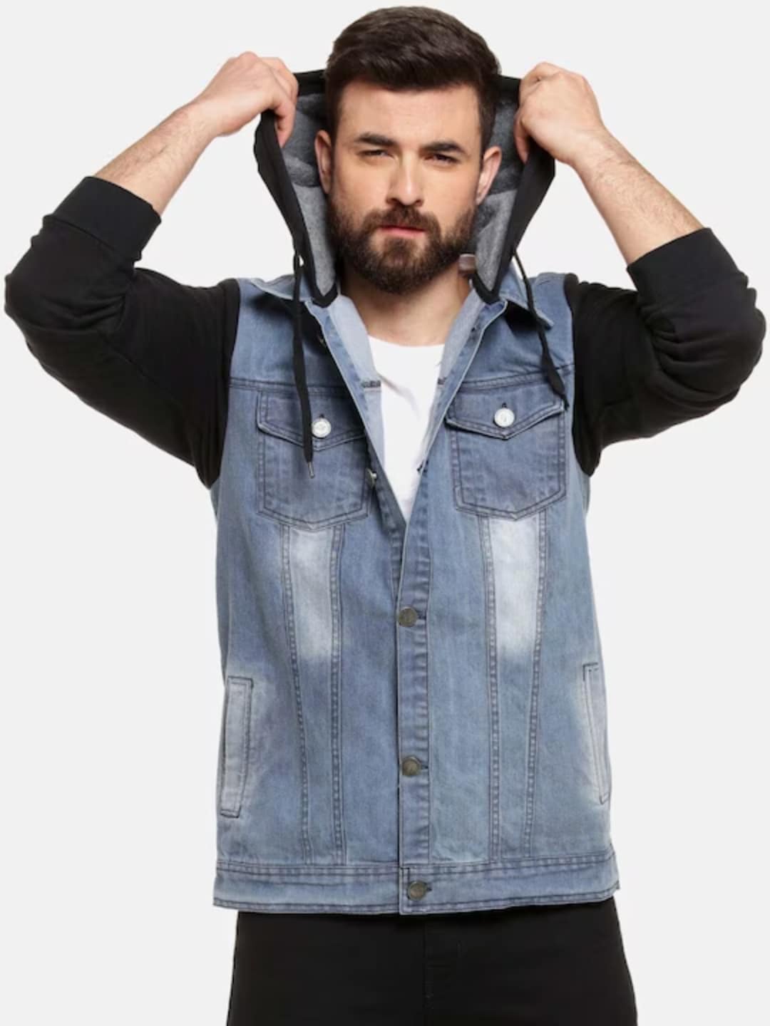 

Campus Sutra Black & Blue Washed Colourblocked Windcheater Hooded Cotton Denim Jacket