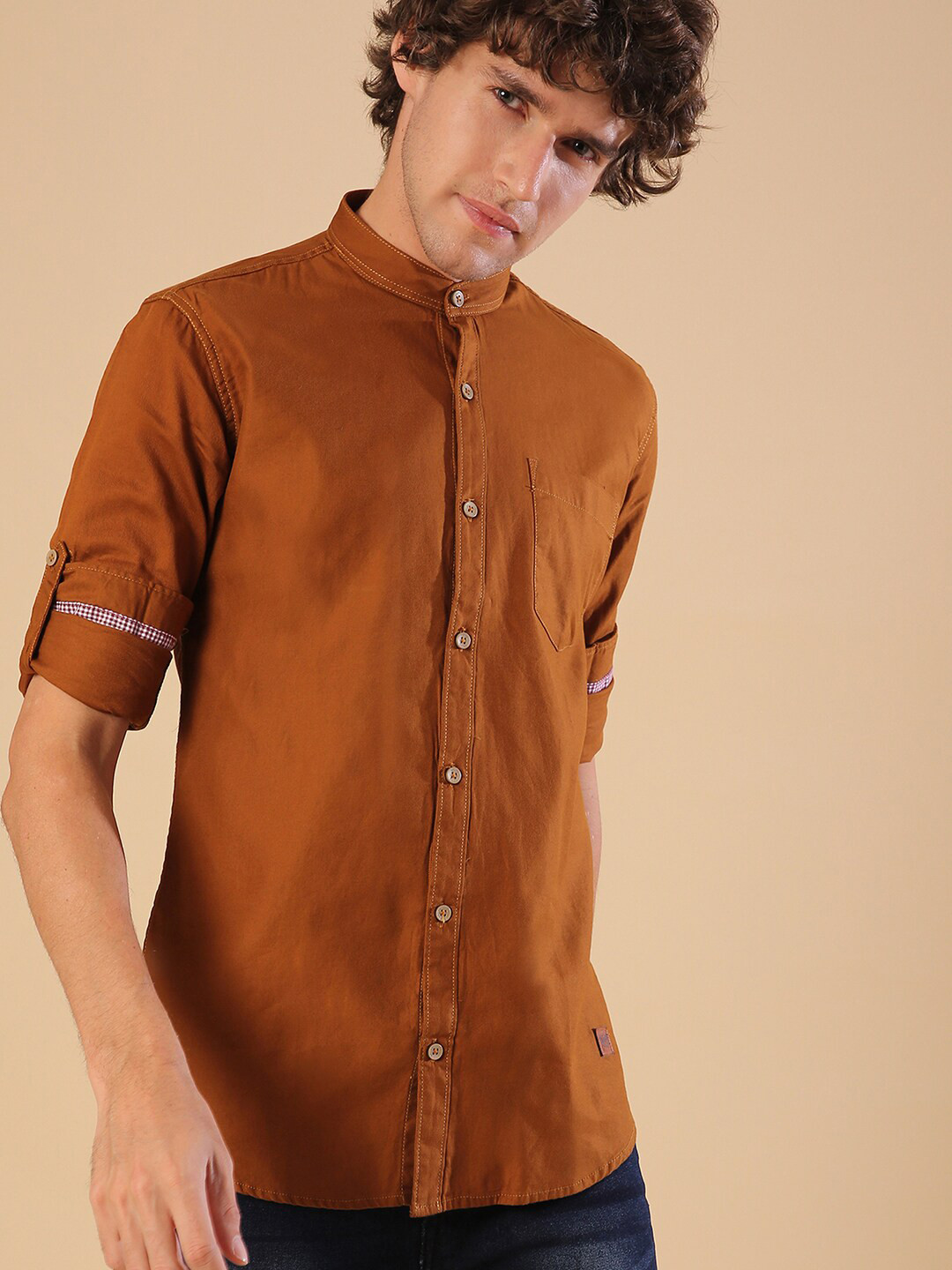 

Campus Sutra Brown Classic Band Collar Roll-Up Sleeves Cotton Casual Shirt