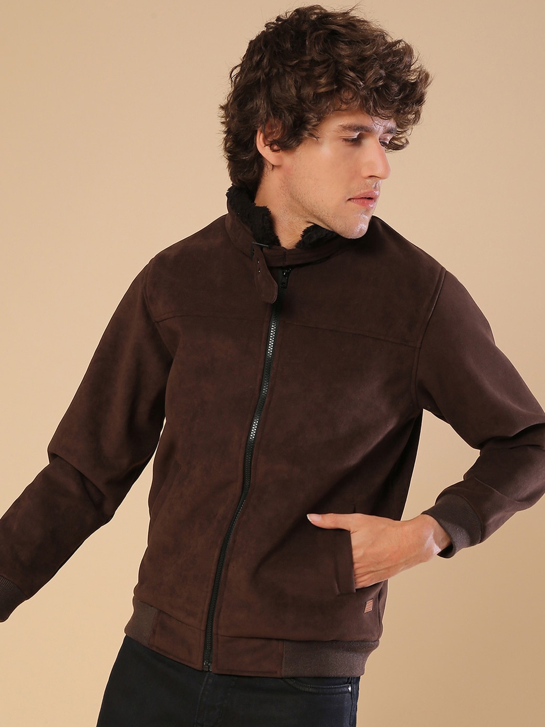 

Campus Sutra Windcheater Mock Collar Faux Fur Trim Tailored Jacket, Brown