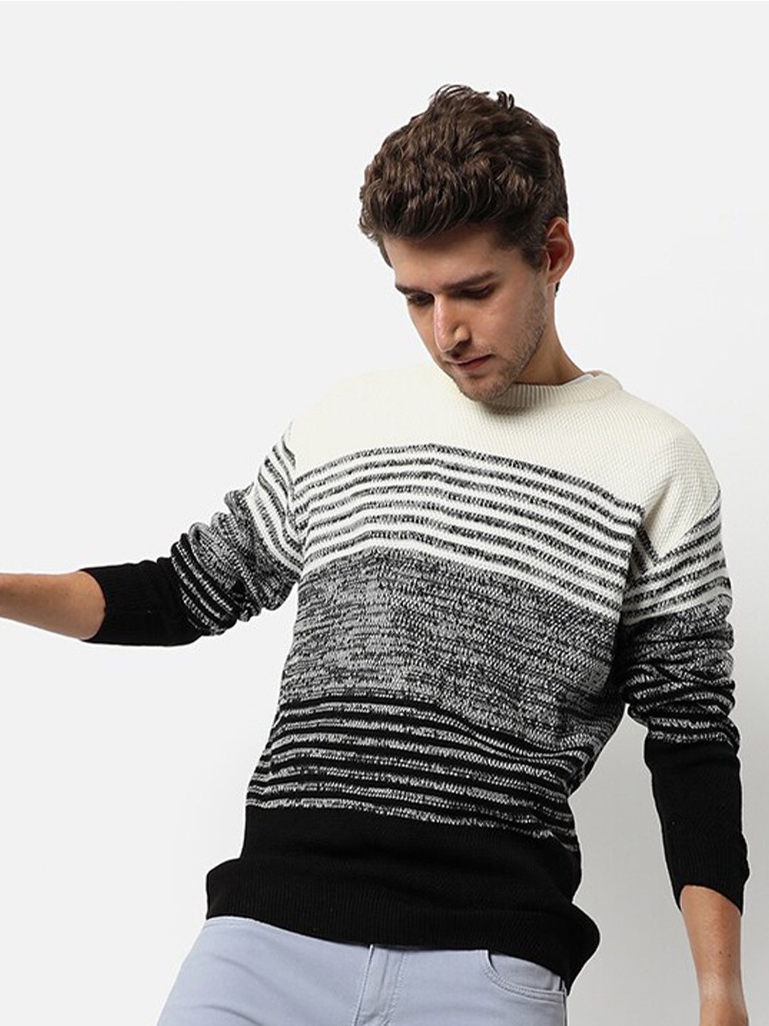 

Campus Sutra Charcoal & Cream Colourblocked Woollen Pullover Sweaters