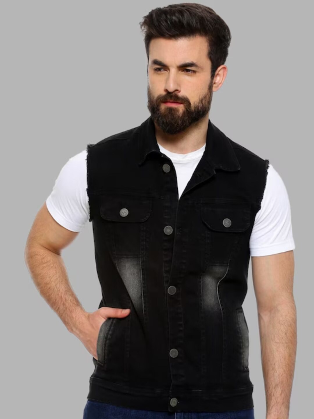 

Campus Sutra Washed Spread Collar Windcheater Denim Jacket, Black