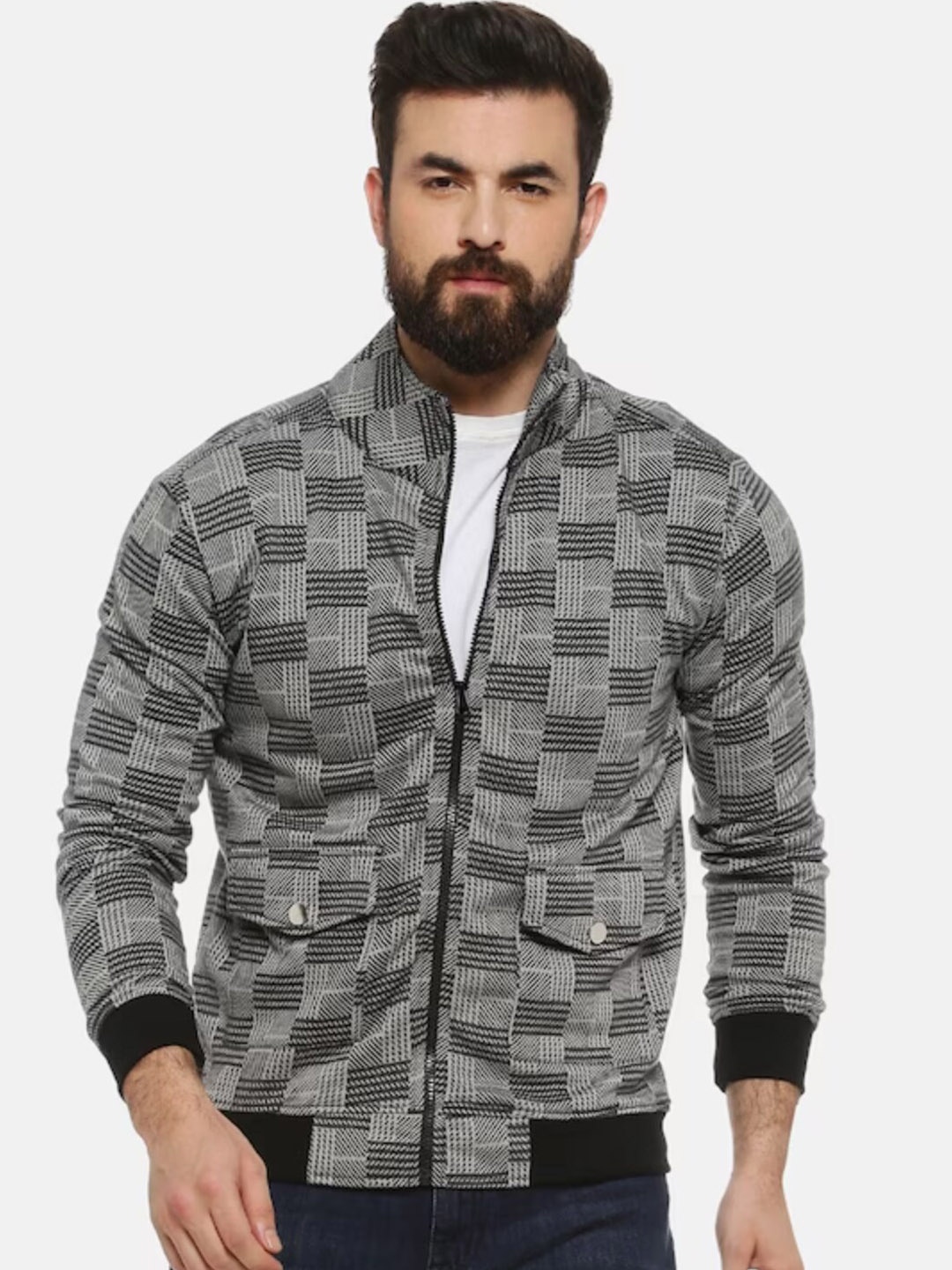 

Campus Sutra Grey Checked Stand Collar Windcheater Bomber Jacket