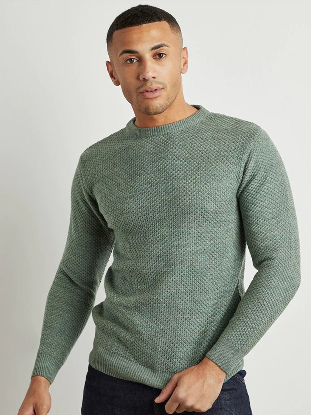 

Campus Sutra Green Self Design Cotton Pullover, Sea green